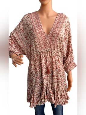 Aakaa Rust and Cream Printed Tie-Front Tunic
